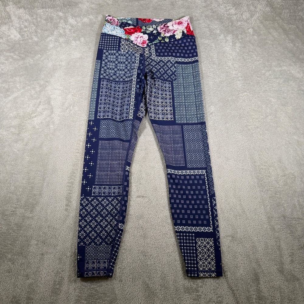 Johnny Was‎ Active Wear Leggings Womens Small Blue Rose Patch Cross Waistband